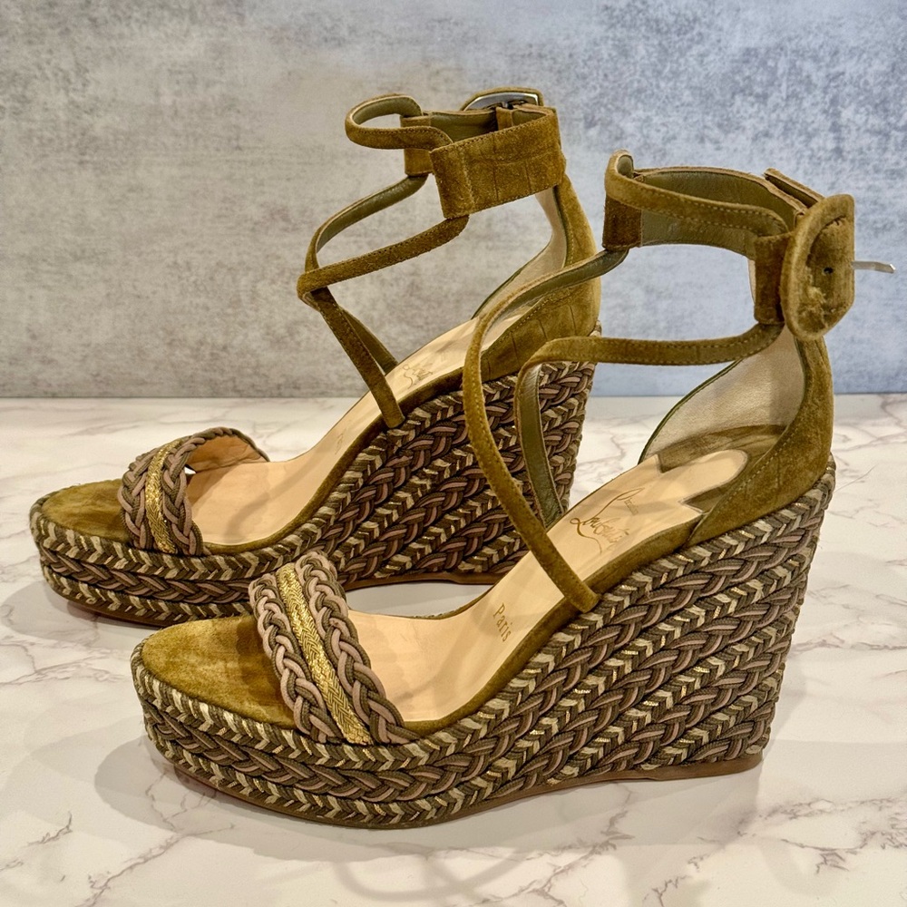 Worn Once, Flawed Gem: Christian Louboutin Bodrum Wedges in Green Tea Suede